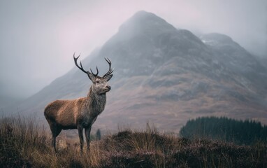 Majestic stag in misty mountain landscape