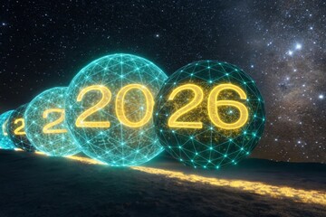 Futuristic luminous spheres displaying the year against a starry cosmic background