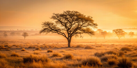 Sunset over a grassland with a solitary tree and distant hills in the background