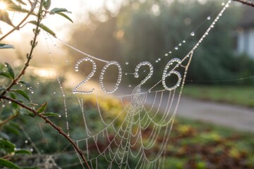 Intricate spider web adorned with sparkling dewdrops spelling out the year in morning sunlight