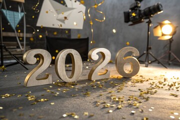 Metallic Gold Confetti Sprinkled Over Numbers With Studio Lighting And Bokeh Background