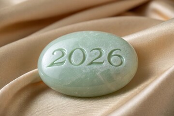 Polished Green Jade Stone with Engraved "" Numerals Resting on Smooth Silk Fabric