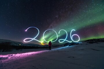 Person painting the year with glowing light streaks under the vibrant aurora borealis sky