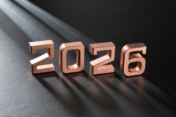 Polished Rose Gold Numbers Representing the Year , Gleaming on a Dark Reflective Surface