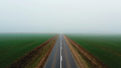Fog covers a long road stretching through green fields during the early morning hours in a rural area