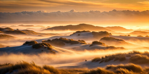 Sunrise over sand dunes with fog and distant figures walking in a natural landscape in the early morning light
