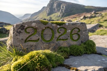 Rough-hewn stone with carved numerals amidst lush green moss and mountainous landscape