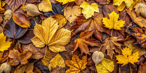Colorful autumn leaves cover the ground in a forest, showcasing various shapes and sizes during the fall season