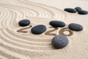 Smooth, dark stones artfully arranged on rippled sand forming the numbers