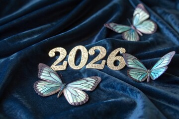 Sparkling numbers with iridescent butterfly wings on deep blue velvet fabric