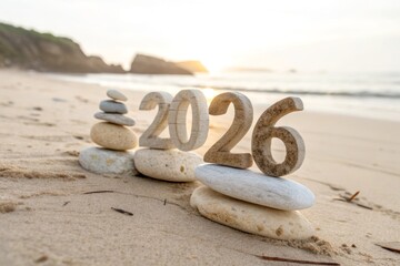 The year numbers and stacked stones on a serene beach at sunset signifying new beginnings and balance