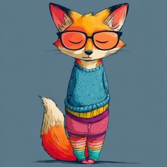 Naklejka premium Vibrant Animated Fox Character Sporting Stylish Glasses and Trendy Outfit