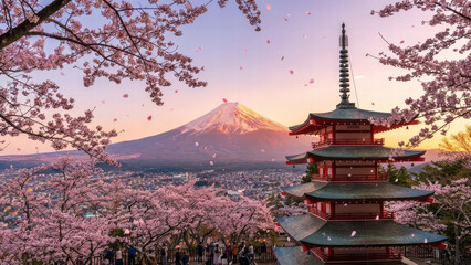 Obraz premium Cherry blossoms frame traditional pagoda with Mount Fuji in background during sunset, creating serene and picturesque scene in Japan. pink petals add touch of beauty and tranquility
