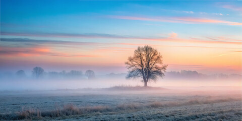 Morning fog surrounds a lone tree in a field as the sun rises, creating a quiet scene with soft colors in the sky
