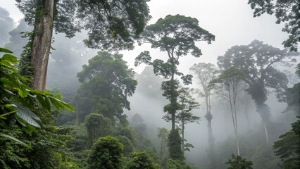 Fog covers tall trees in a dense forest in the early morning hours of a tropical region