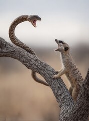 Venomous snake and meerkat face-off on tree branch