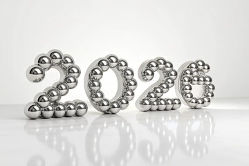 Year represented by gleaming chrome spheres arranged in a modern studio setting