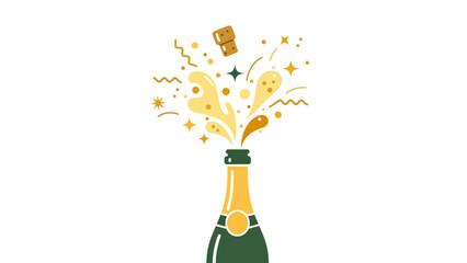 Illustration of a champagne bottle with gold confetti and stars erupting from it, symbolizing a happy new year 2026 celebration on a white background with a festive mood.