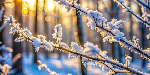 Frosty branches shine in sunlight during winter morning in the forest