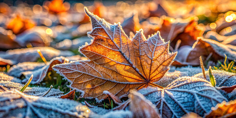 Frost on fallen leaves at sunrise in autumn setting