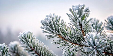 Snow covers pine branches in a winter landscape during early morning light with a soft, blurred background