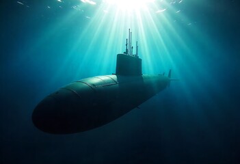 Military submarine diving underwater in deep blue ocean, showcasing modern naval warfare technology, stealth defense vessel, nuclear power, torpedoes, missiles, strategic maritime security.