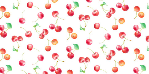 水彩のさくらんぼシムレスパターン　均一な大きさの配置　背景