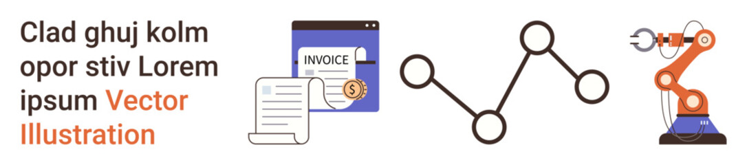 Automation, finance, data visualization, robotics, industry, technology. Includes robotic arm, invoice interface network diagram and document. Automation and finance key concepts