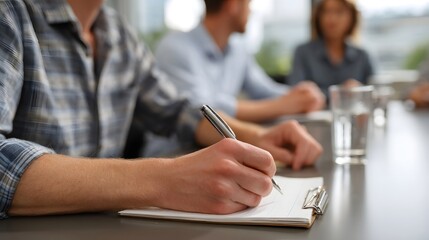 A person s hand actively writing notes on a clipboard during a business meeting with colleagues blurred in the background