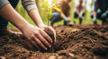 close-up, macro photo of a volunteer's hand planting a tree in rich soil
