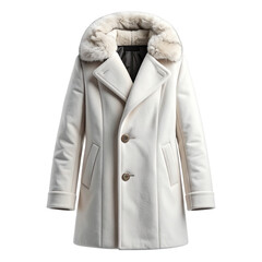 Elegant Off-White Women' Wool Blend Coat with Plush Faux Fur Collar, Classic Winter Outerwear Fashion. Transparent Object PNG File
