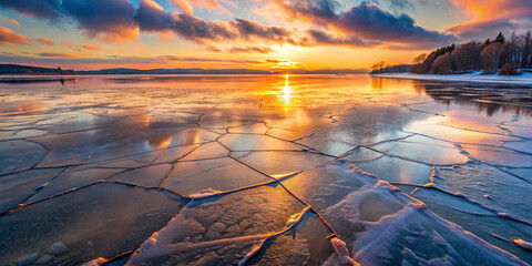 Sunset over frozen lake with cracked ice near trees and clouds in the sky during winter