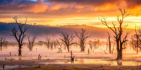 Sunrise over a misty landscape with dead trees and a colorful sky in the background