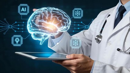 A doctor holding a tablet with a digital brain graphic and technology elements. - Powered by Adobe