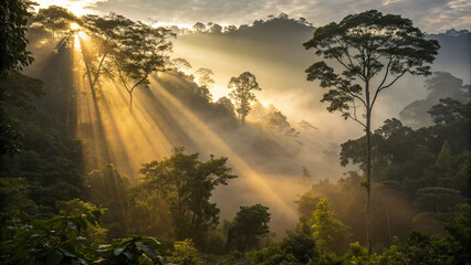 Sunlight shines through trees in a forest during morning hours with fog and mist present in the valley below
