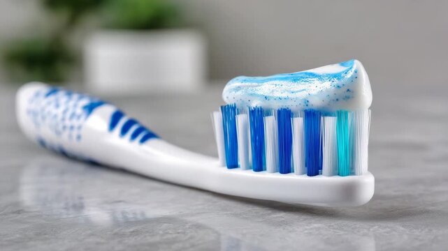 228Toothbrush angled slightly, thick stripe of toothpaste glowing under studio light, bristles in sharp focus against simple light-colored background