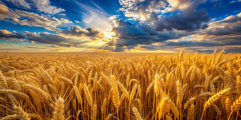 Golden wheat field under a cloudy sky with sun rays shining at dusk