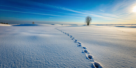Snow-covered landscape shows footprints leading to a lone tree under a bright sky with clouds