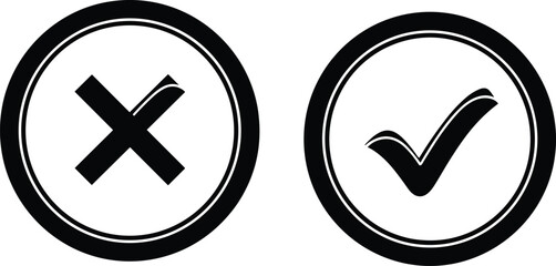 Correct and incorrect icons illustration, check mark and cross symbols, yes no decision buttons, approval rejection vector isolated white background