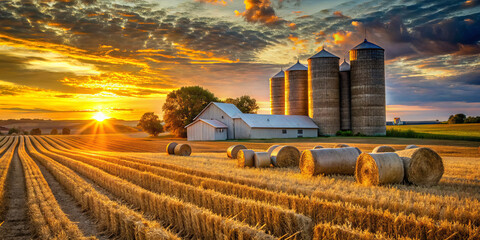 Sunset over a farm with silos and hay bales in a field during late afternoon in rural America