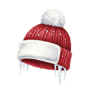 A highly detailed watercolor illustration of a scarlet red wool winter beanie with white faux fur, pompom, and crystal icicles, isolated on transparent background with copy space. Winter seasonal