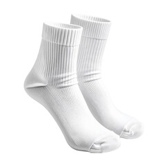 Pair of new white ribbed crew socks for sports or casual wear, isolated on a transparent background. Transparent Isolated Element PNG