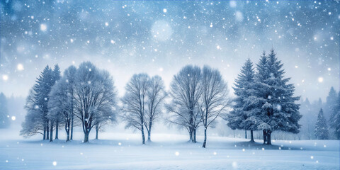 Snow falls gently over a winter landscape with trees and a soft blue sky at dusk