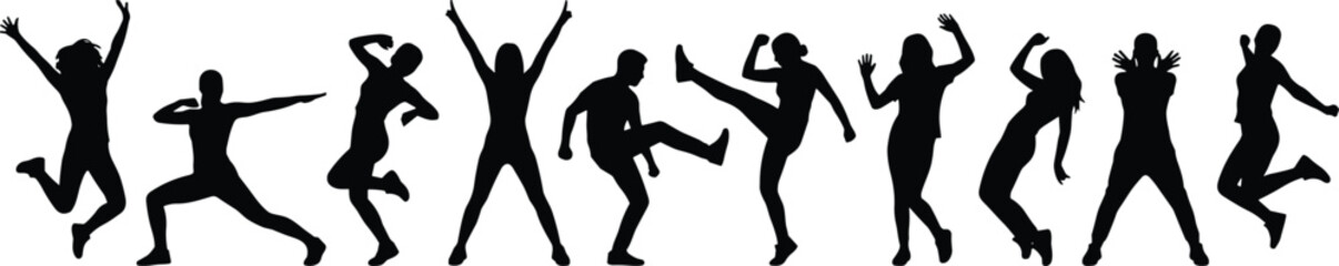 Dancing people silhouettes set energetic happy movements celebration party freedom joy isolated black human figures on white background collection