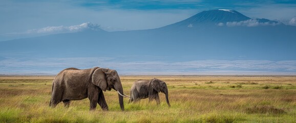 Two elephants graze in a vast, grassy plain, with a majestic snow-capped mountain in the background