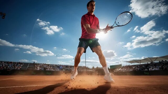 Composite sequence of a professional male tennis player hitting a powerful forehand. Adult athlete in dynamic motion sliding on a clay court during a sunny tournament