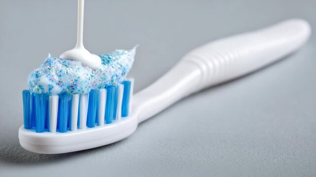 235Macro perspective of a toothbrush loaded with toothpaste, bristle tips and creamy paste captured in crisp detail, plain light-colored background for clarity