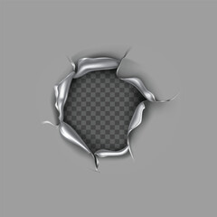Realistic torn metal sheet effect revealing a transparent background with jagged edges and texture