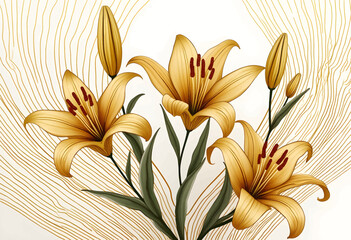 A stunning arrangement of golden lilies showcases intricate petal details and vibrant red stamens, complemented by soft flowing lines in the background, creating a harmonious floral composition.