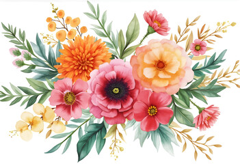 Colorful flowers in various shades of pink, orange, and yellow are arranged beautifully with green leaves. The design is fresh and vibrant, perfect for spring decorations.
